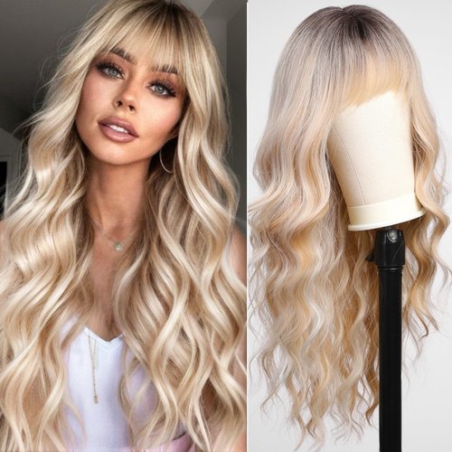 KOME Ombre Blonde Wigs with Bangs,Long Curly Wig for Women,Blonde Long Wavy Wig Synthetic Hair Wig for Party Cosplay Daily Use 24IN