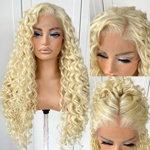 MITIMES 13x6 Curly Wig 613 Glueless HD Lace Front Wigs Pre Plucked Blonde Synthetic Lace Front Wig Long Curly Deep Wave Wig For Cosplay Party
