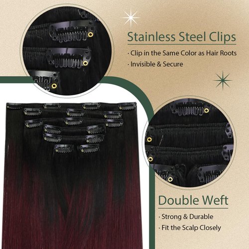 Ugeat Balayage Clip in Hair Extensions Black to Wine Red Hair Extensions Clip ins Real Human Hair Ombre Black to Burgundy Clip in Human Hair Extensions Full Head 16 Inch 7pcs 120g(105g Hair+15g Clips)