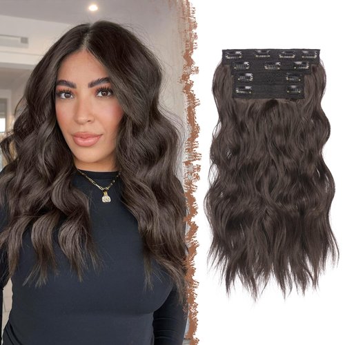 FESHFEN Clip in Hair Extensions 4PCs Long Wavy Thick Hair Piece Highlighted Full Head Synthetic Natural Curly Extension for Women, 16 Inch Black Brown