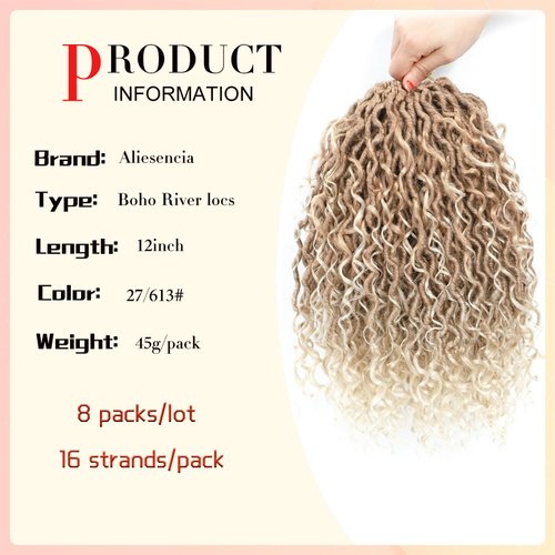 New Goddess Locs Crochet Hair 12 inch 8 Packs River Faux Locs Crochet Hair Curly Hair Boho Faux Locs Wavy Crochet with Curly Ends Boho Style Synthetic Hair Extensions (12" 8packs 27/613#)