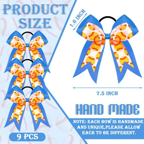 MTLEE 9 Pcs 7.5 Inch Blue Softball Ribbon Hair Bows Cheer Hair Bows Elastic Scrunchies Hair Bands Cheerleader Bows Volleyball Sports Ball Ponytail Holder Sport Hair Accessories for Girl Player