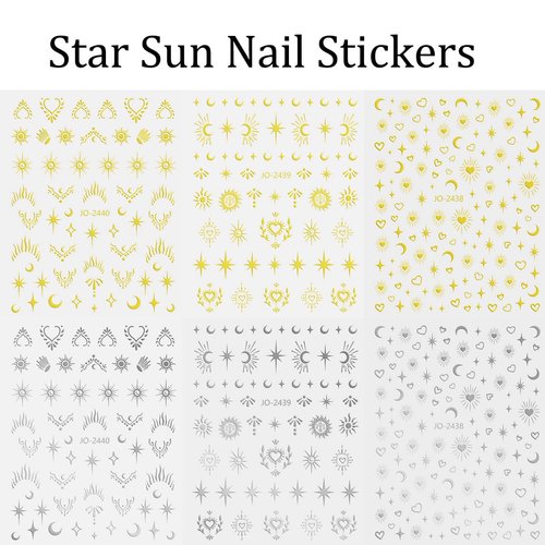 6 Sheets Star Nail Art Stickers 3D Self-Adhesive Gold Silver Sun Moon Nail Stickers Heart Nail Decals Nail Art Supplies Designs Star Moon Sun Nail Charm for Women Girls Acrylic Manicure Decorations