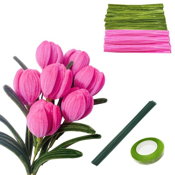 200pcs Pipe Cleaners Craft Supplies, DIY Tulip Bouquet Making Kit, Chenille Stems Flower Craft Kit Fuzzy Sticks Crafting Materials Bendable Wire Bulk for Art Classroom Mother’s Day Gift (Pink)