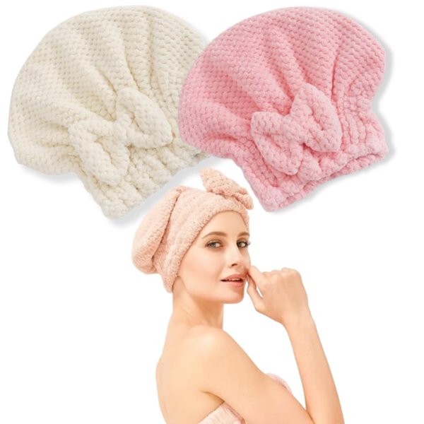 Microfiber Hair Towel Cap, Super Soft & Absorbent Quick Drying Towel for All Hair Types, Set of 2 (Pink & White)