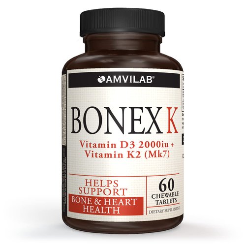 AMVILAB Bonex K Supplement|Vitamin D & K Complex|Supports Heart, Bones & Teeth Health|2000IU Vitamin D3 & 75mcg Vitamin K2|Non-GMO|Small & Easy to Swallow|60 Day Supply Chewable Tablets