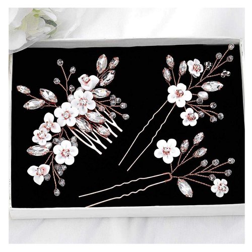 Yokawe Bridal Wedding Hair Comb Rose Gold Rhineston Bride Side Combs Crystal and Flower Hair Accessories for Women and Girls
