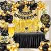 Happy New Year Decorations 2025 with Black Gold Confetti Balloons 2025 Number Balloons New Year Banner Gold Fringe Curtain Backdrop Champagne Balloon for New Years Eve Party Nye Decorations
