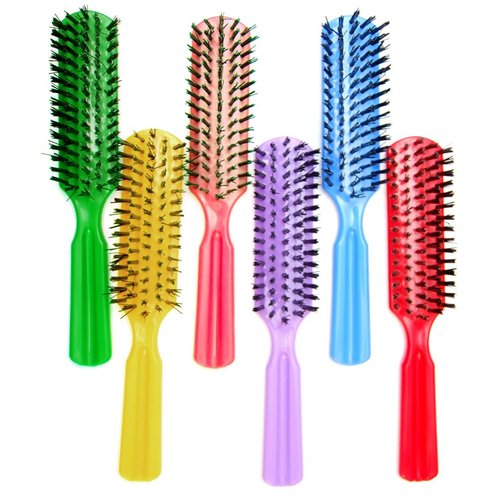 Luxxii (Pack 6) 7.5" Plastic Colorful Handle Nylon Bristles Brushes Hair Comb Designed for All Hair Types (Assort Color_A)