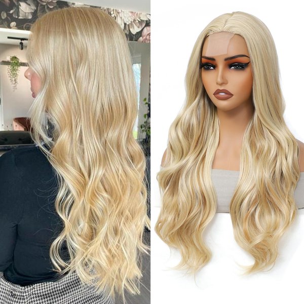 Long Wavy Lace Middle Part Wig Mixed Blonde Nature Curly Synthetic Heat Resistant Fiber Weave Full Wigs for Women for Daily Party Use Cosplay Costume Halloween Wig (Mblonde, 26inch)