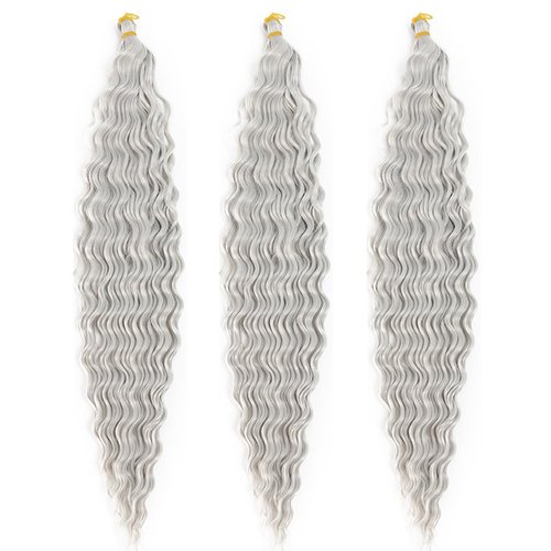Ocean Wave Crochet Hair 22 Inch Deep Wave Braiding Hair 3 Packs Long Curly Crochet Braids Hair Extensions Light Gray