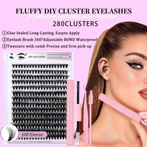 DIY Eyelash Extensions Kit - 280 Pcs Mix False Eyelashes, 8-16mm Individual Lashes Volume Lash Clusters Lash Extensions with with Lash Adhesive and Sealed Lash Tweezers Natural Eye Makeup, 50P/Dense