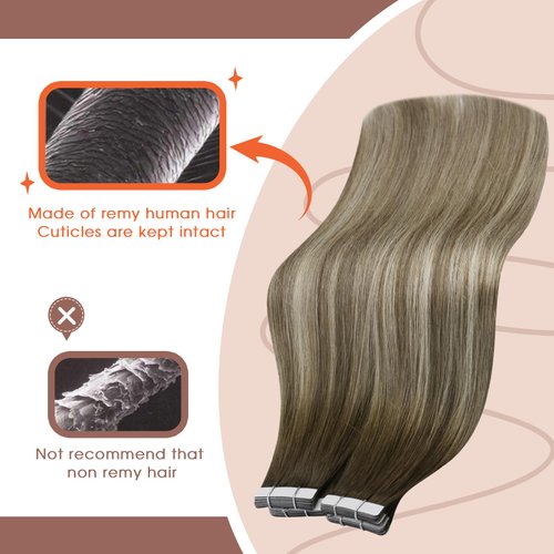 Sunny Hair Tape in Hair Extensions Brown Balayage Tape ins Human Hair Extensions Cool Brown Fading to Ash Brown Highlights Blonde Invisible Tape in Hair Extensions Brown Balayage 20pcs 50g 20inch