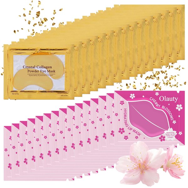 Sulily Cherry Blossom Lip Mask & 24K Gold Gel Eye Mask,30 Pieces Crystal Collagen Eye Patches for Puffy Eyes,Moisturizing& Reducing for Women Men,Effectively Fine Lines & Dark Circleeye Patches