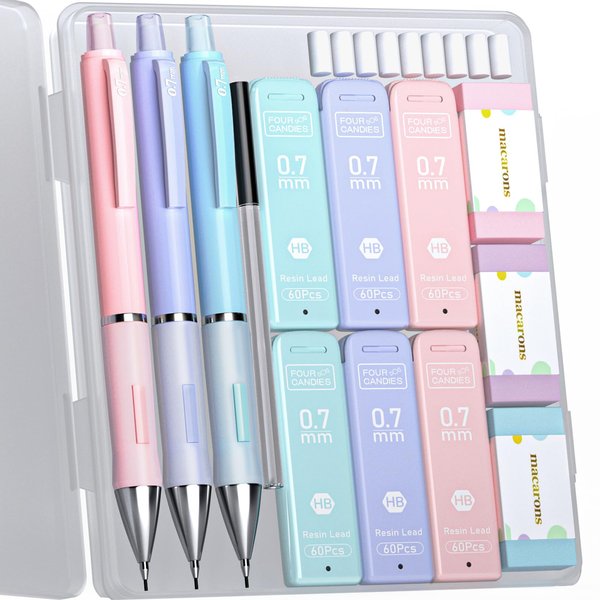 Four Candies Pastel Mechanical Pencil Set - 3PCS 0.7mm Mechanical Pencils with 360PCS HB Lead Refills, 3PCS Erasers and 9PCS Eraser Refills, Cute Pencils for School Drawing & Writing