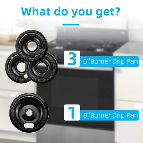 Black Porcelain Burner Drip Pans (3) 6”(1) 8” WB31M19 WB31M20 Set Replacement by APPLIANCEMATES Compatible for GE Hotpoint Electric Range Stove Burner