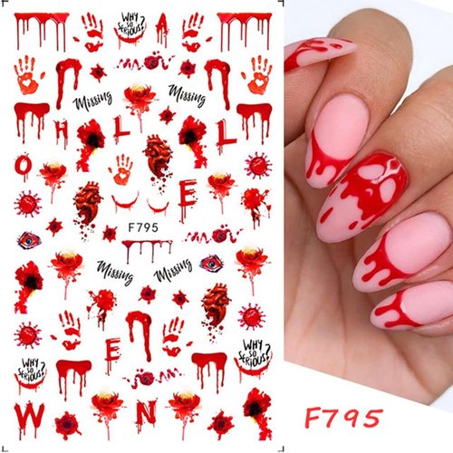 5 Sheet Halloween Nail Art Stickers Red Black Halloween Elements 3D Self-Adhesive Nail Decals Horror Avatar Ghost Red Hand Drops Design Nail Decorations Halloween DIY Nail Supplies for Women