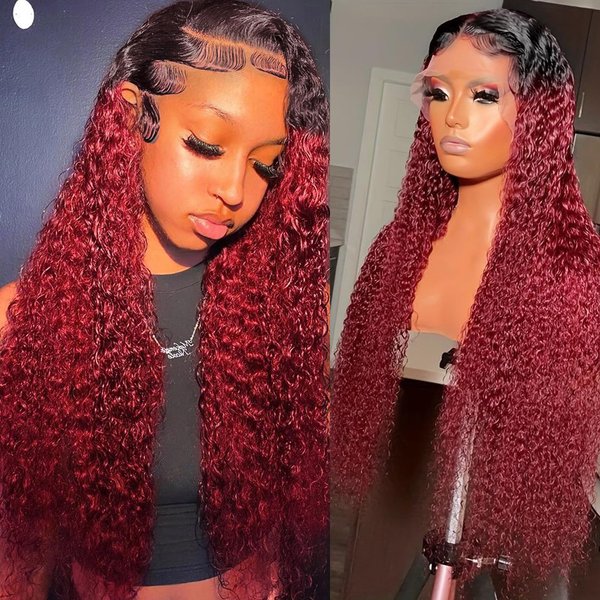 Juvid 13x6 99J Burgundy Curly Lace Front Wig Human Hair Ombre 1B Burgundy HD Lace Frontal Wig for Women Pre Plucked 180% Density Dark Root Black and Wine Red Deep Wave Wig for Women 18 inch