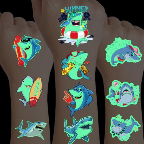 UVUXO Luminous Temporary Tattoo for kids - 10 Sheets Luminous Shark Temporary for Girls Boy Body Arm Shoulder Cute Tattoos Stickers, Birthday Party Supplies Gifts for Kids