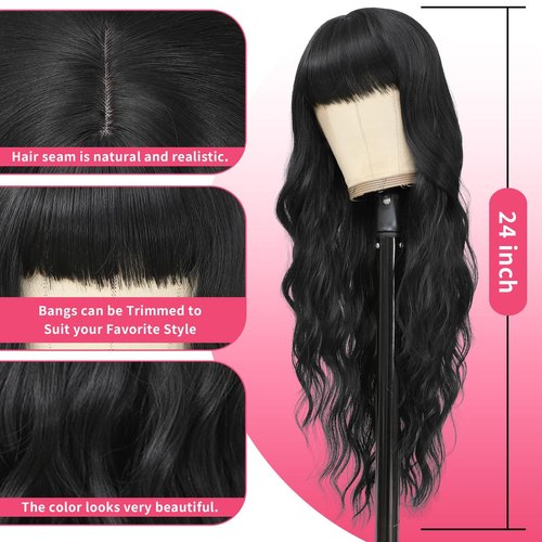 Black Wig With Bangs Long Wavy Wig for Women Curly Wavy Hair Wigs Heat Resistant Synthetic Curly Natural Black Wigs Hair Replacement Wigs for Girls Daily Party Use 24inch(Black)