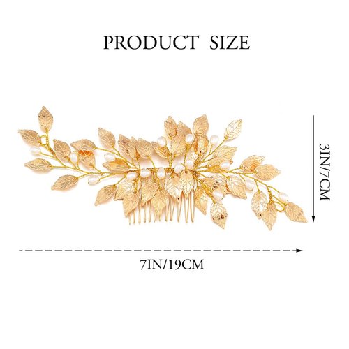Gorais Leaf Bride Wedding Hair Comb Gold Bridal Hair Pieces Pearl Headpiece Hair Accessories for Women and Girls