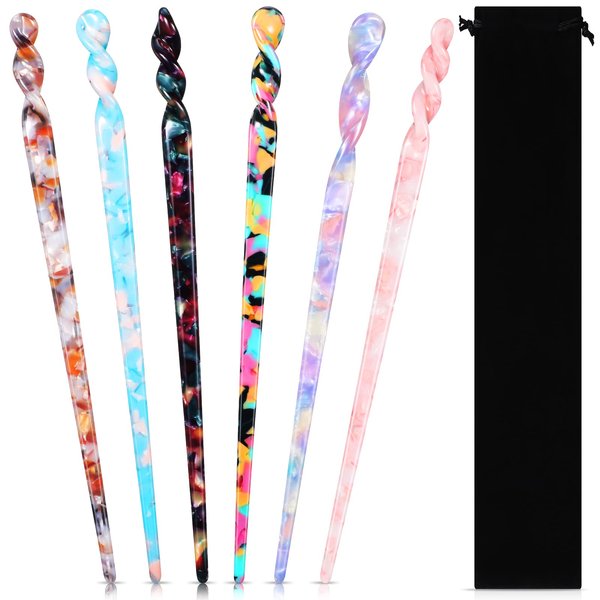 6 Pcs Acetate Hair Stick Tortoise Shell Hairpin Chopstick Hair Accessories Leopard Print Hair Pin Retro Hairpins Disk Hair Stick Hair Styling Pin with Flannelette Bag for Women Girl