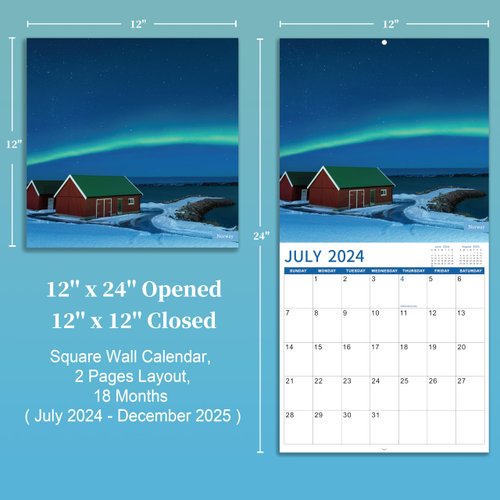 2024-2025 Wall Calendar - Nothern lights Calendar 2024-2025, July 2024 - December 2025, 12" x 24" (Open), 18 Month Wall Calendar with Hanging Holes
