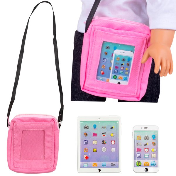 Dress Along Dolly 3pc Tech Set for American 18" Dolls w Cell Phone, Computer Tablet, and Accessory Bag- Premium Durable Metal Construction- Perfect Techie Girl Gift Set for Less