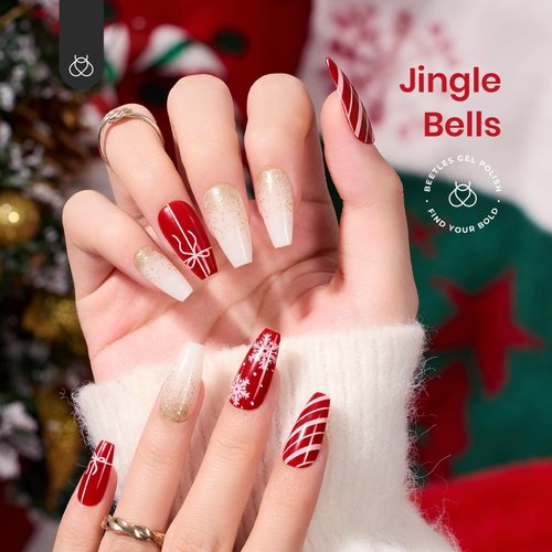 Beetles Red Press On Nails Medium - Supremely Fit & Natural Soft Gel Press on Nails Coffin, Red Glue on Nails with Nail Glue, Nail File, Stick in 14 Sizes - 28 Fake Nails Kit