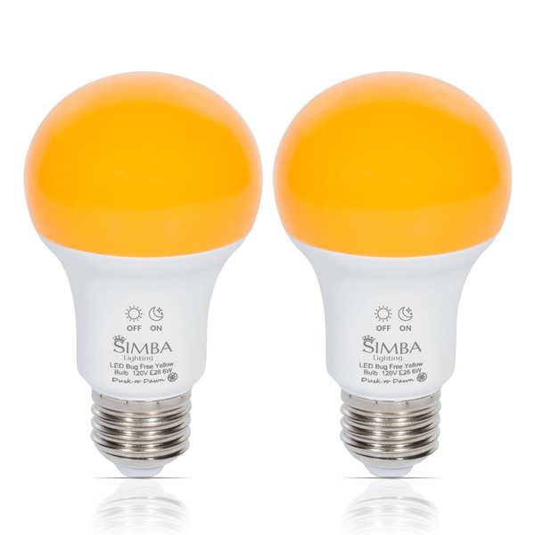 Simba Lighting Bug Non-Attracting Yellow LED Bulb 6W 40W Equivalent, Great for Outdoor Porch Light, Night Light, Dusk-to-Dawn Smart Sensor Auto On/Off, Amber Warm 2000K, A19 E26 Medium Base, Pack of 2