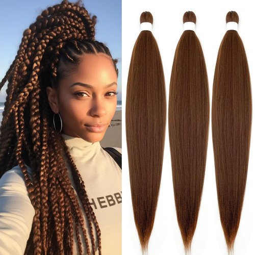 Braiding Hair Pre Stretched for Women Hair Extensions Box Braids Soft Synthetic Knotless Yaki Texture Hot Water Setting Braid Brown (24inch 3Packs)