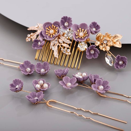 BERYUAN Rhinestone Flower Hair Pieces Bridal Purple Flower Hairpins Hair Comb Set for Bride Bridesmaid（4pcs）