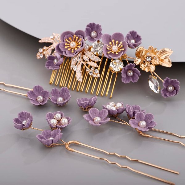 BERYUAN Rhinestone Flower Hair Pieces Bridal Purple Flower Hairpins Hair Comb Set for Bride Bridesmaid（4pcs）