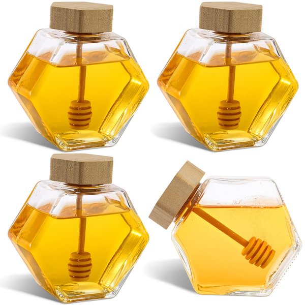 DEAYOU 4 Pack Honey Pot, Glass Honey Pot with Wooden Dipper, Honey Container Storage, Clear Honeypot for Home, Kitchen