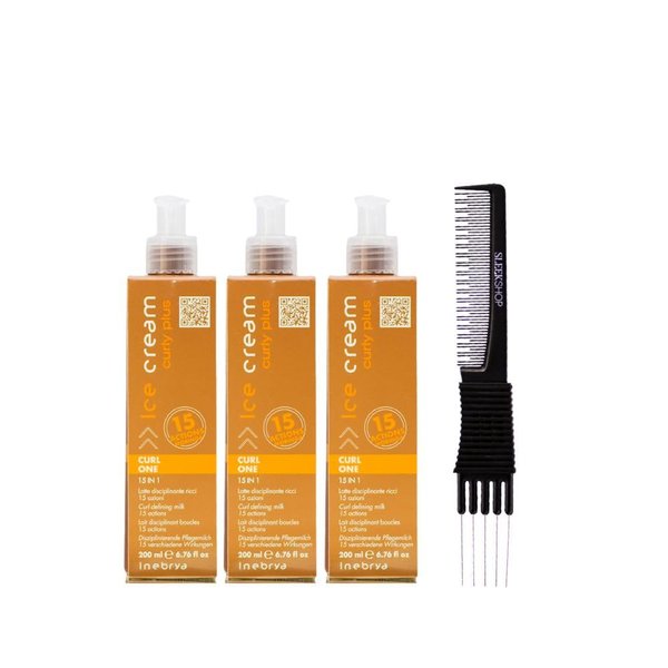 kuss Inebrya Ice Cream Curly Plus 15 in 1 Milk (6.76 oz) with Teasing Comb Pack of 3