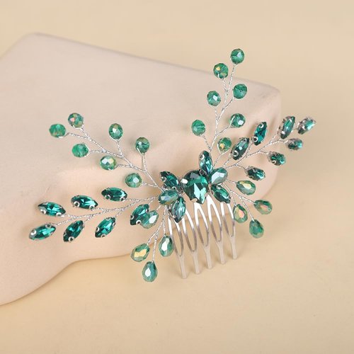 Teyglen Emerald Green Crystal Hair Comb Silver Bridal Rhinestone Headpiece Handmade Green Wedding Hair Comb for Bride Hair Accessories for Women
