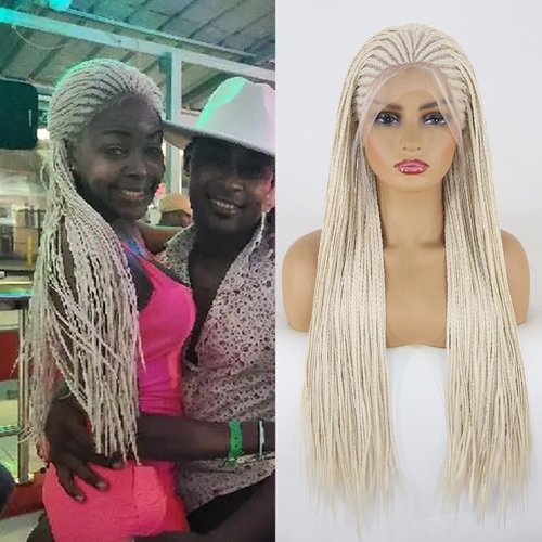BTWTRY Platinum Blonde Braided Box Braiding Synthetic Lace Front Wig Long Braids Heat Resistance Fiber Hair #60 Color Synthetic Wigs for Black Women Hand Braids Wig (24inch, Platinum Blonde)