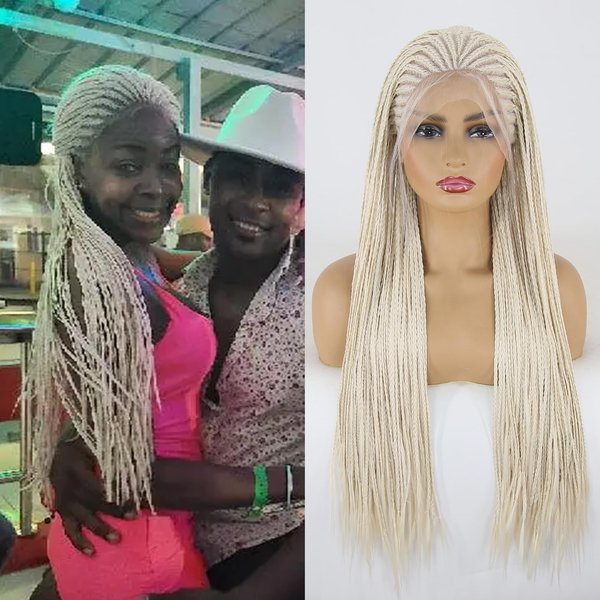 BTWTRY Platinum Blonde Braided Box Braiding Synthetic Lace Front Wig Long Braids Heat Resistance Fiber Hair #60 Color Synthetic Wigs for Black Women Hand Braids Wig (24inch, Platinum Blonde)