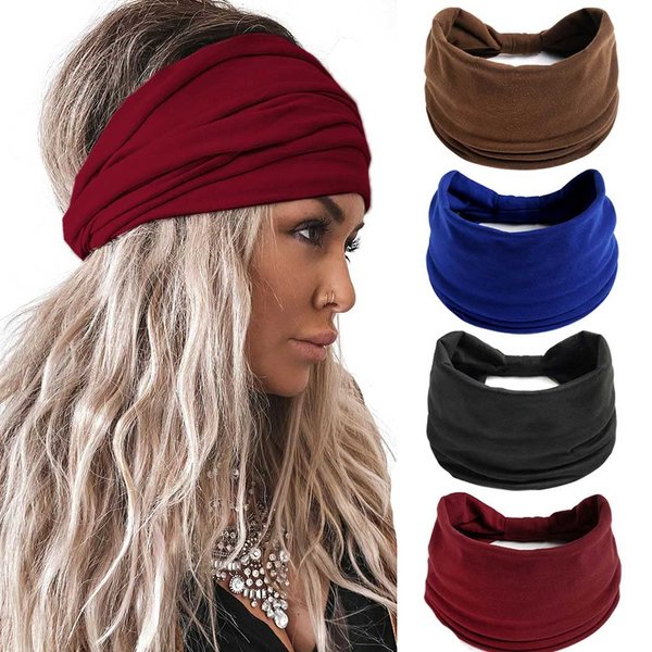 GORTIN Wide Headbands Knotted Boho Headband Turban Head Wraps Stretchy Head Band Twist Yoga Hair Bands Workout Elastic Sweatband Tie- Dye African Headband for Women and Girls Pack of 4