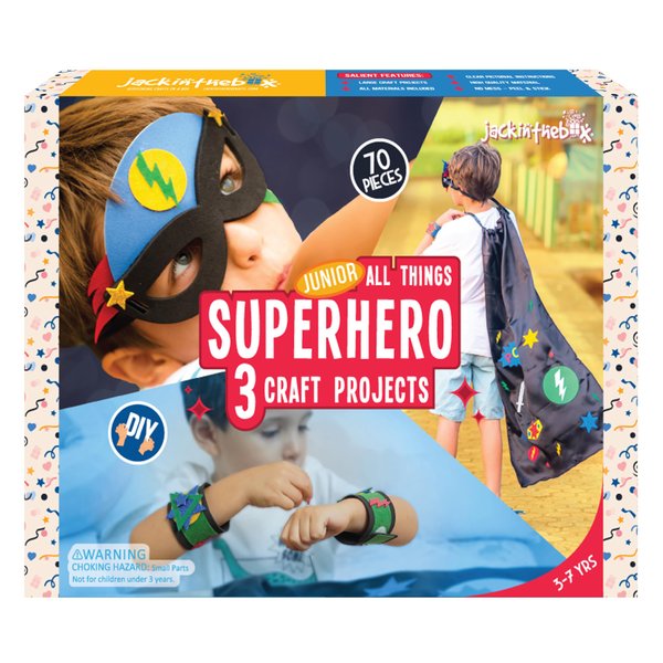 jackinthebox Superhero DIY Costume Art and Craft Kit, Make a Cape, Mask and Cuffs, Best Gift for Boys Ages 5 6 7 8 Years, 3 Craft Projects in 1 Box