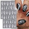 2Pcs Halloween Skull Nail Art Stickers 5D Embossed Nail Decals Skeleton Nail Stickers Horrible Hand Finger Bones Halloween Nail Design Adhesive White Skull Nail Supplies for Women Nail Decoration