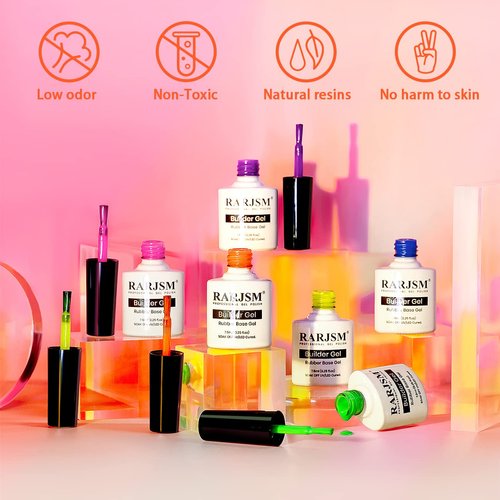 RARJSM Rubber Base Gel for Nails,Neon Gel Nail Polish Set,Neon Orange Green Blue Purple Yellow Rose Red Builder Base Gel in a Bottle Extension Gel Bright Summer Colors LED UV Cured Home Salon DIY