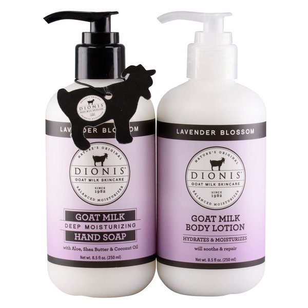 Dionis Goat Milk Skincare Lavender Blossom Body Lotion & Hand Soap Gift Bundle - Lavender Scented Cream & Concentrated Liquid Soap Gently Clean, Moisturize & Nourish Dry Hands, 8.5 oz Pump Bottles