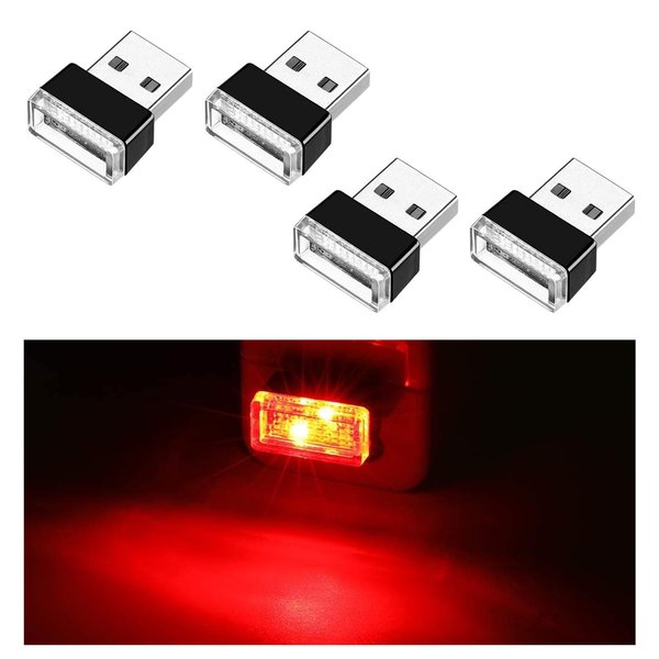 Ziciner 4 PCS USB LED Car Interior Atmosphere Lamp, Portable Mini LED Night Light, Plug-in USB Interface Trunk Ambient Lighting Kit, Universal Car Interior Accessories (Red)