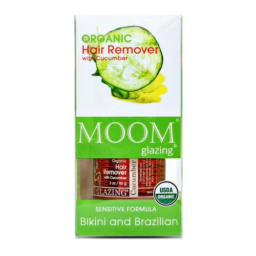 MOOM Organic Brazilian & Bikini Wax Kit - Hair Removal Glaze with Cucumber & Green Tea, Ideal for Sensitive Skin - Includes 18 Reusable Waxing Strips & 6 Waxing Application Sticks - 3 oz. Jar, 1 Pack