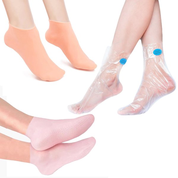 Silicone Moisturizing Socks, 2Pair Women's Spa Pedicure Socks, 100Pcs Disposable Plastic Foot Care Mask Sheet, Exfoliating Beach Gel Socks for Repair Dry Feet Cracked Heels Soften Calluses Rough Skin