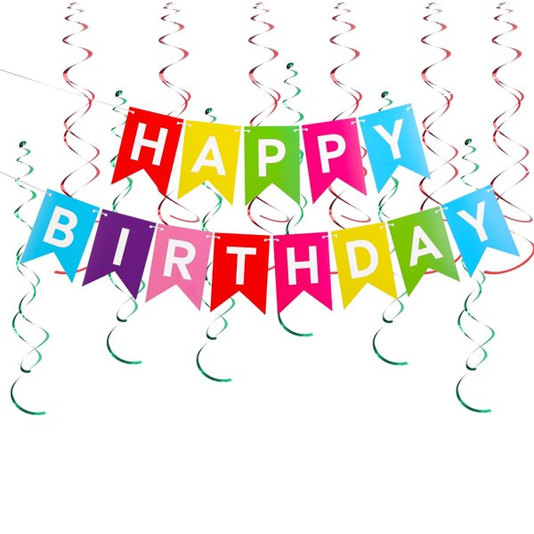 CARBLIN Rainbow Happy Birthday Banner, Birthday Decorations with Metallic Hanging Swirl, Birthday Sign for Backdrop Party Decor, Bunting Banner for Men Women, Birthday Supplies for Boys Girls