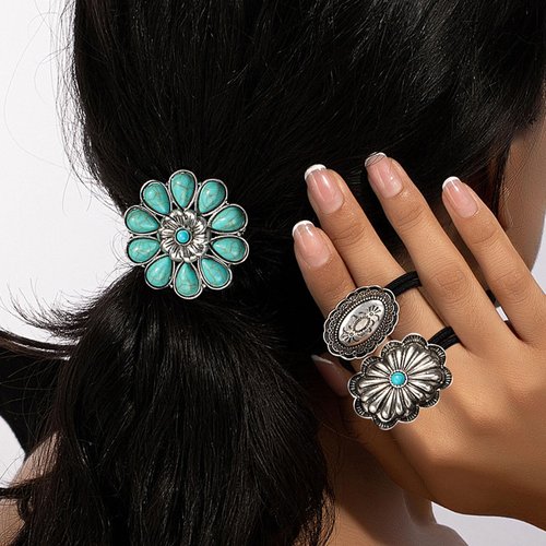 KOVOLITU Squash Blossom Hair Ties Western Turquoise Decorative Ponytail Holder Bohemian Elastics Hair Band(Type B)