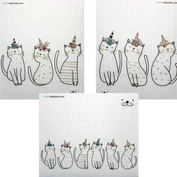 Mixed Caticorn Set of 3 cloths (one of each design) Swedish Dishcloths | ECO Friendly Absorbent Cleaning Cloth | Reusable Cleaning Wipes