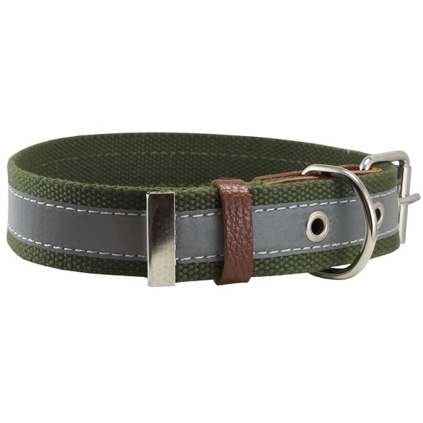 Cotton Web/Leather Reflective Dog Collar 20" Long 1" Wide Fits 14"-18" Neck, Basset Hound, Retriever